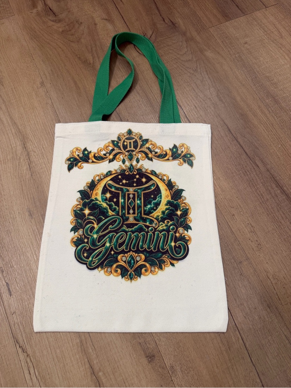 Gemini Zodiac Canvas Tote Bag in White with Green Handles